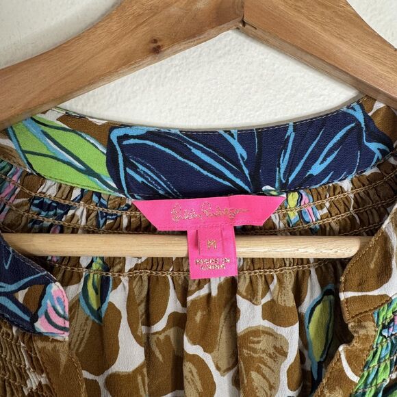 Lilly Pulitzer Shirt Womens M toffee blooms of paradise Silk Peasant Blouse - Picture 5 of 9